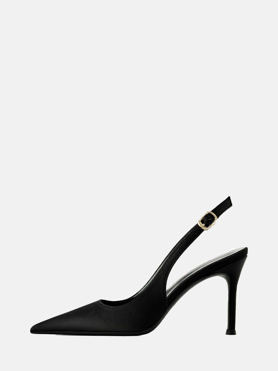Women’s Black Satin Slingback Buckle Stiletto Heels Pointed Toe Pumps (1)