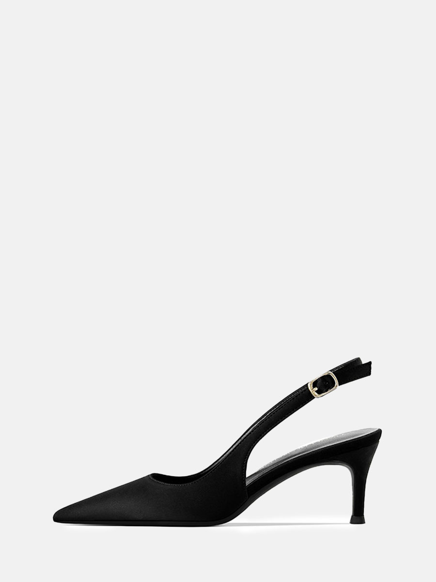 Women's Black Satin Slingback Buckle Stiletto Heels Pointed Toe Pumps