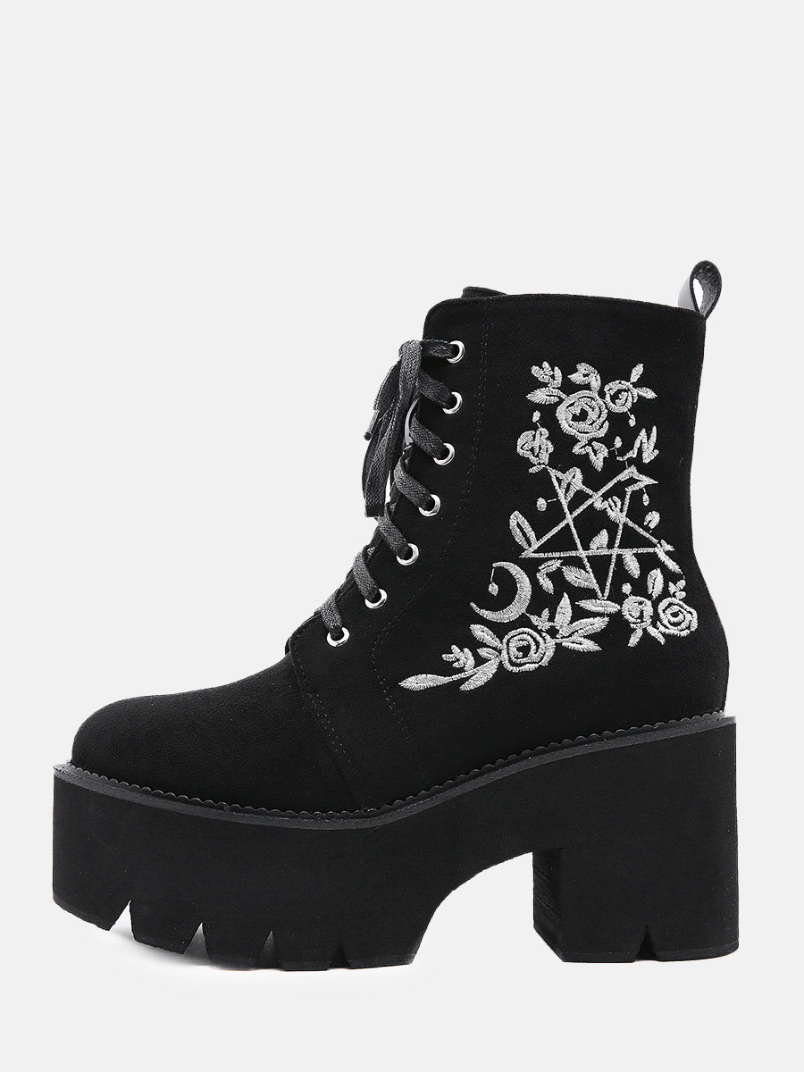Women's Black Suede Embroidered Lug Sole Platform Block Heels Ankle Boots