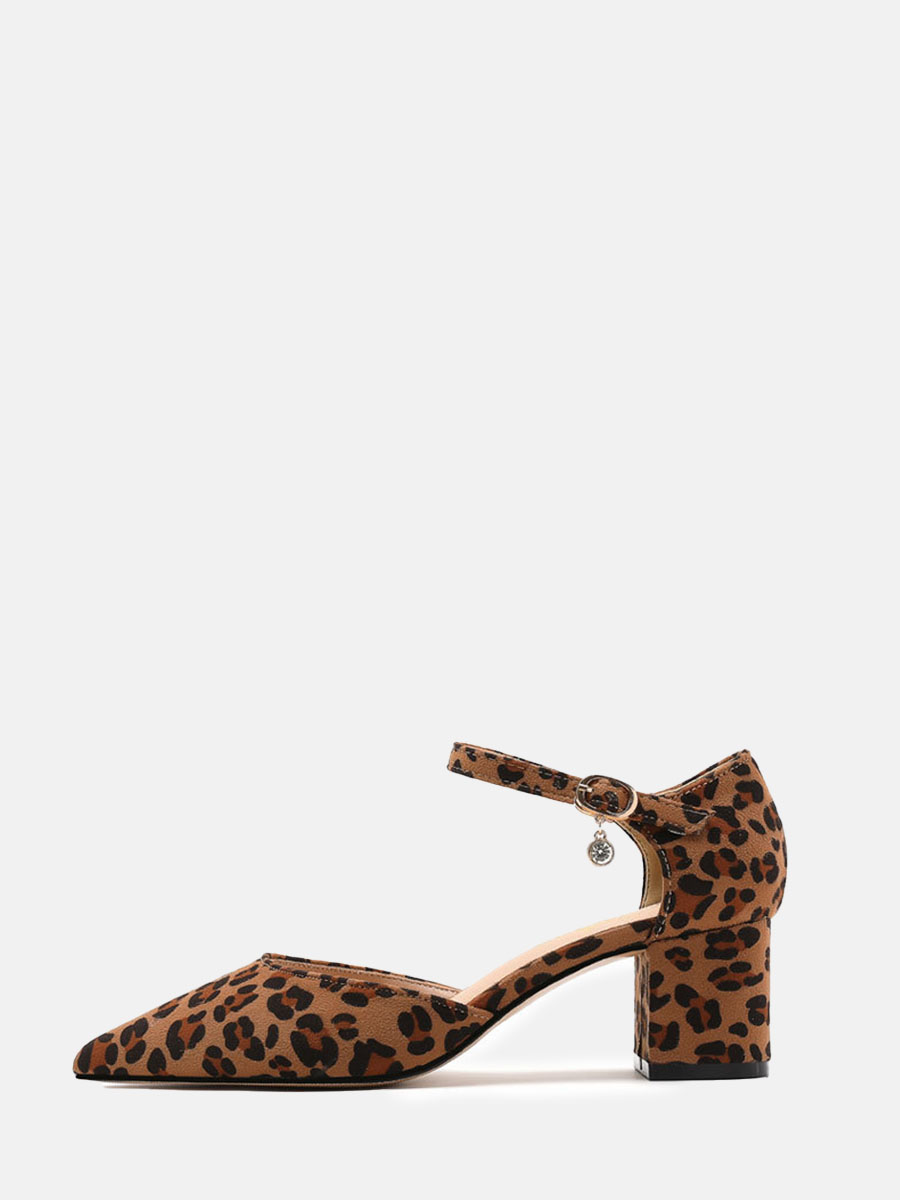 Women's Brown Leopard Print Suede Buckle Pointed Toe Block Heels Pumps