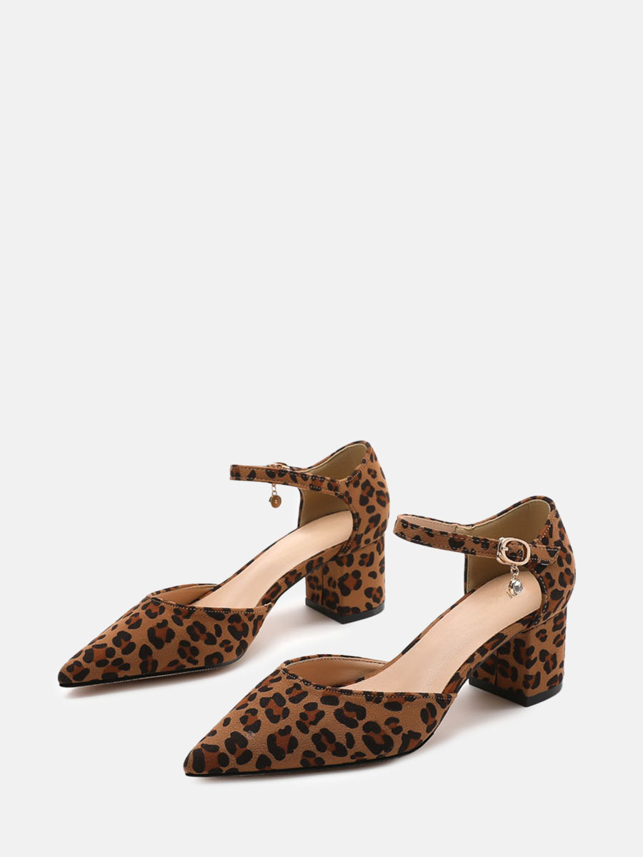 Women’s Brown Leopard Print Suede Buckle Pointed Toe Block Heels Pumps (2)