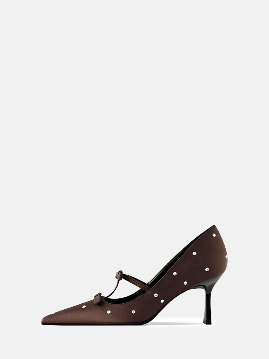 Women's Coffee Rhinestone Bow Pointed Toe Stiletto Heels Mary Jane Pumps
