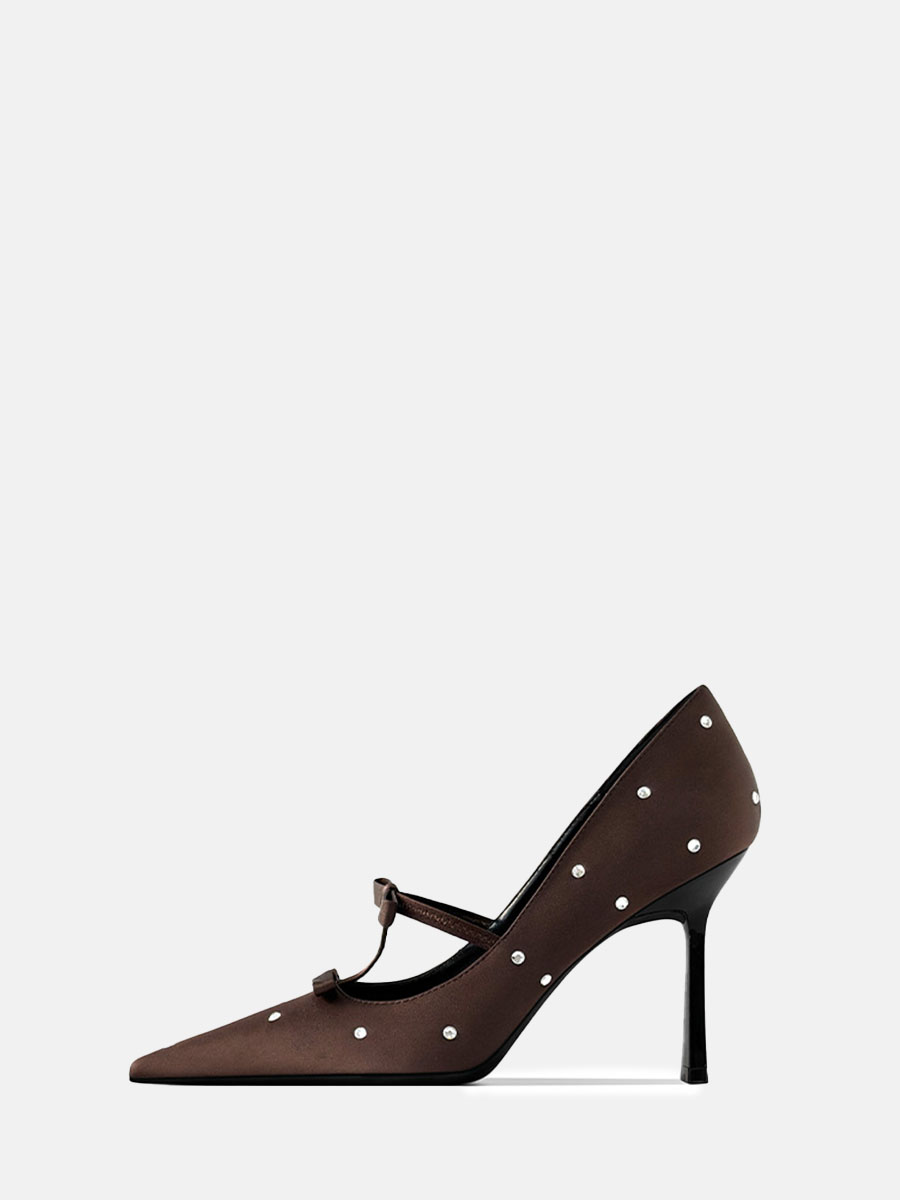 Women’s Coffee Rhinestone Bow Pointed Toe Stiletto Heels Mary Jane Pumps (2)