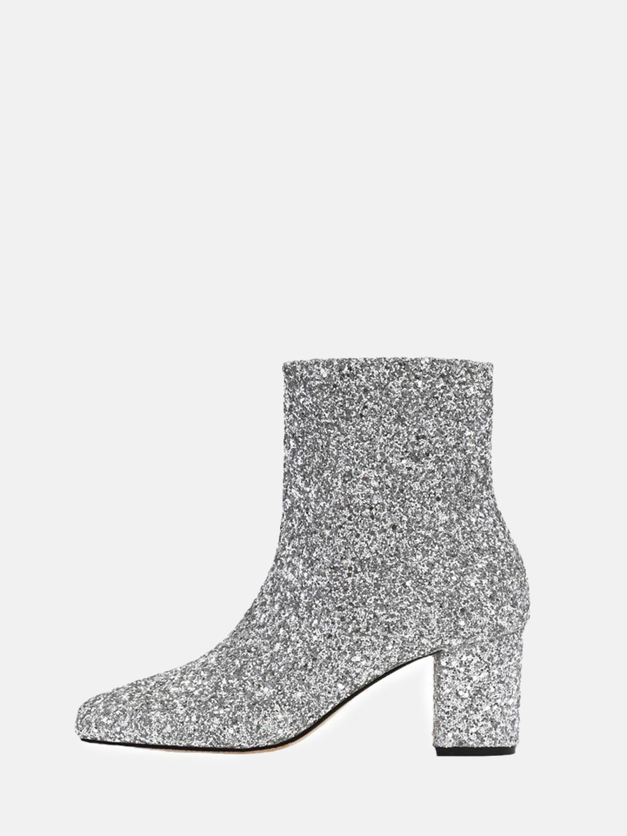 Women's Glitter Square Toe Block Heels Ankle Boots