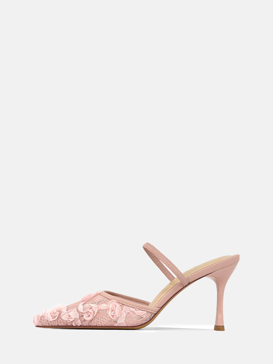 Women's Lace Mesh Stiletto Heels Pointed Toe Mules