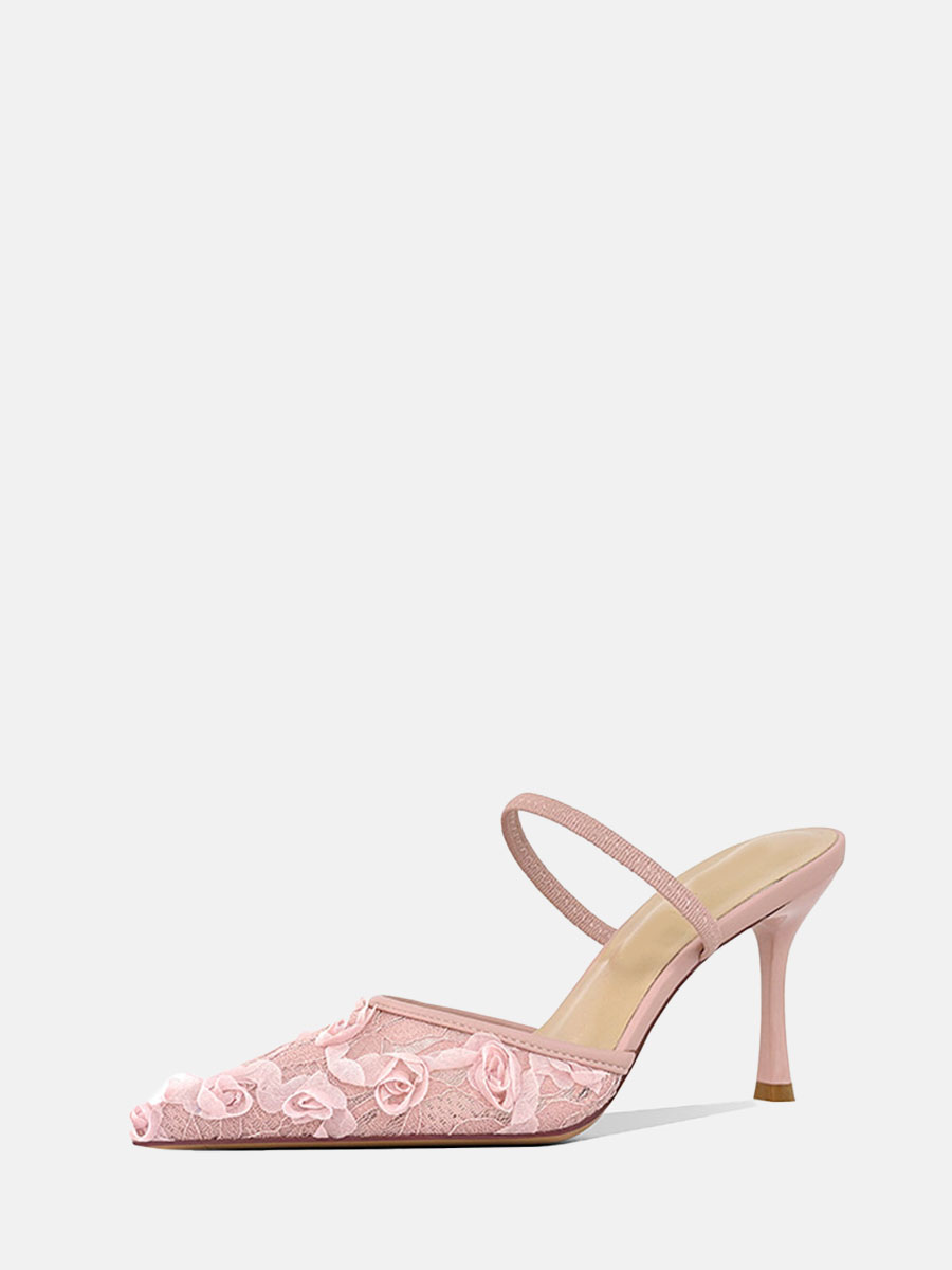 Women’s Lace Mesh Stiletto Heels Pointed Toe Mules (7)