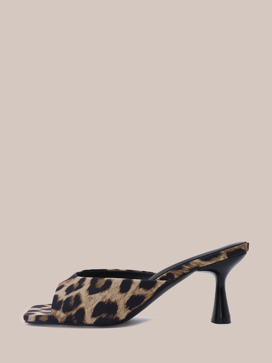 Women's Leopard Print Satin Cone Heels Square Toe Mules