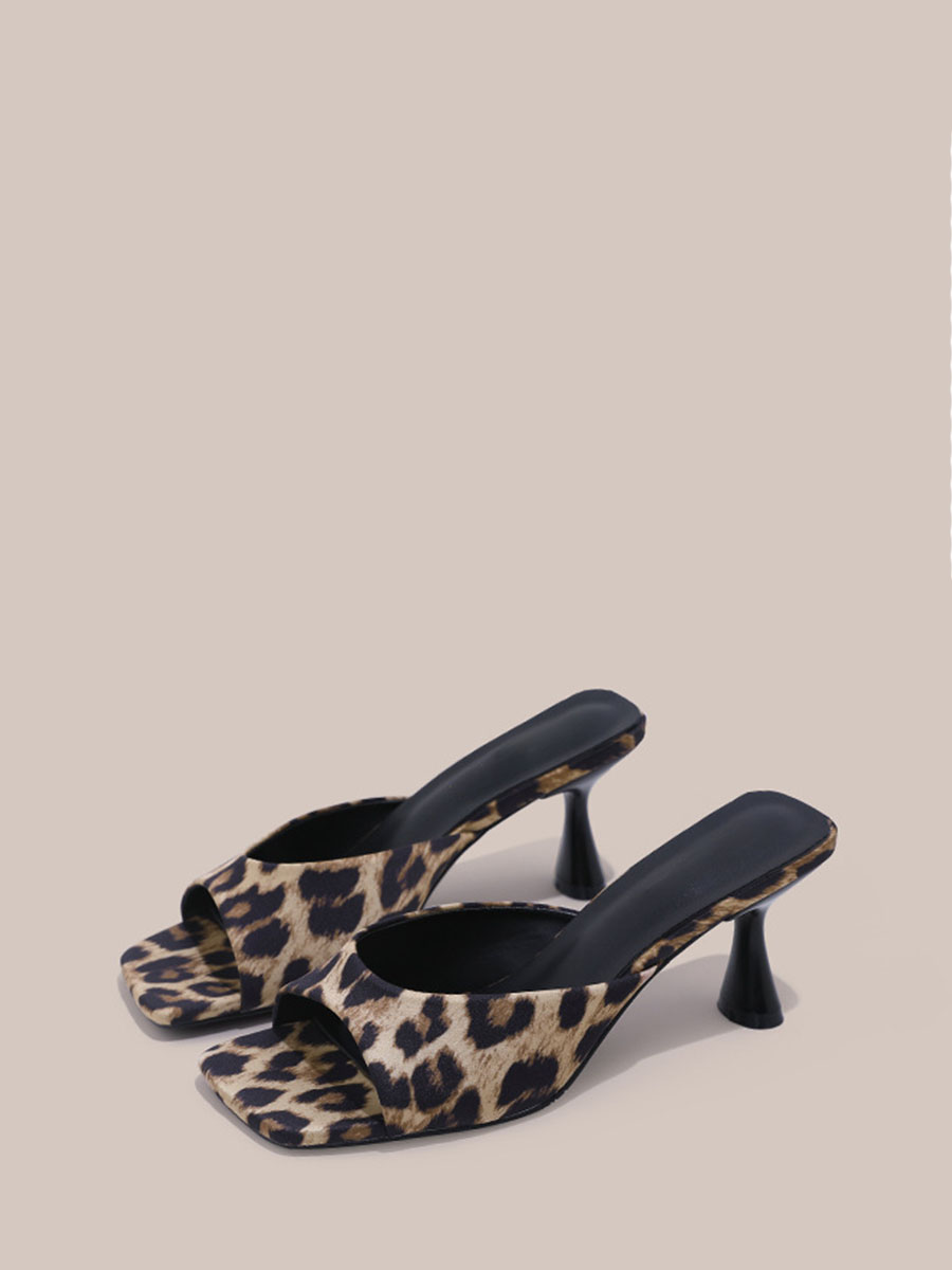 Women’s Leopard Print Satin Cone Heels Square Toe Mules (2)