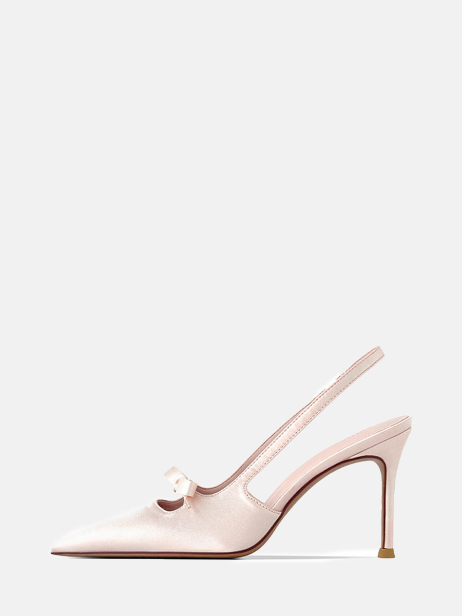 Women's Light Pink Satin Bows Slingback Stiletto Heels Pointed Toe Pumps