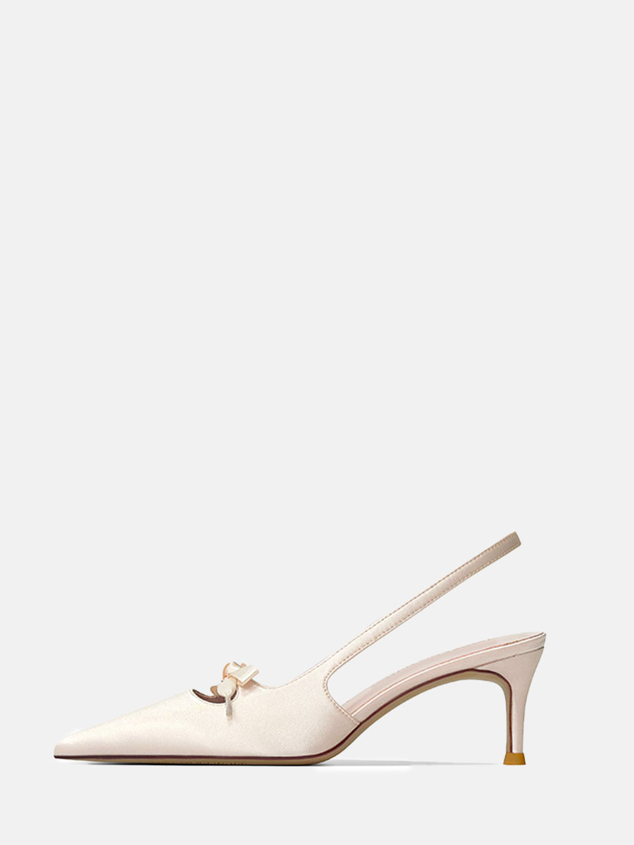 Women’s Light Pink Satin Bows Slingback Stiletto Heels Pointed Toe Pumps (6)