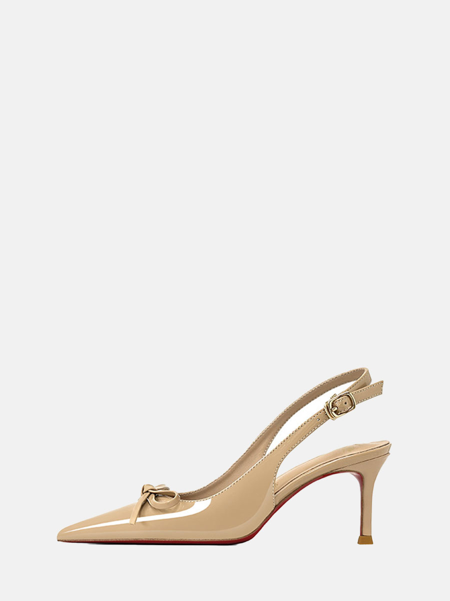 Women's Nude Patent Leather Bow Slingback Buckle Stiletto Heels Pumps