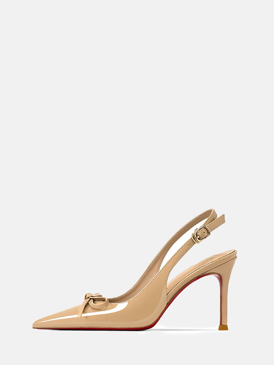 Women’s Nude Patent Leather Bow Slingback Buckle Stiletto Heels Pumps (2)