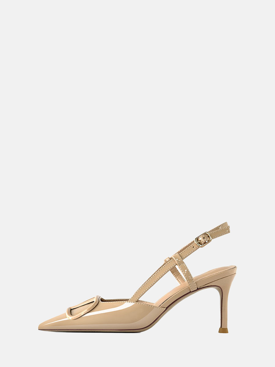 Women's Nude Patent Leather V-Buckle Slingback Stiletto Heels Pointed Toe Pumps