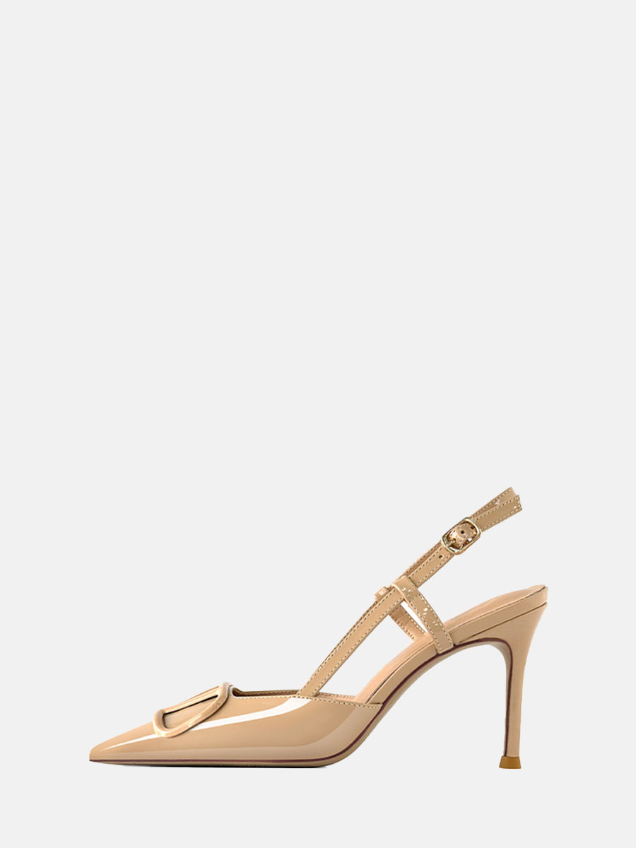 Women’s Nude Patent Leather V-Buckle Slingback Stiletto Heels Pointed Toe Pumps (2)