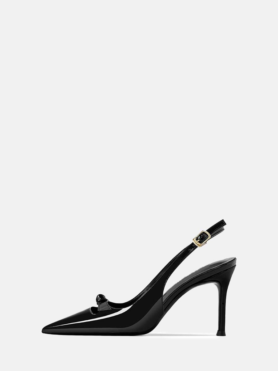 Women's Patent Leather Bows Buckle Slingback Stiletto Heels Pointed Toe Pumps