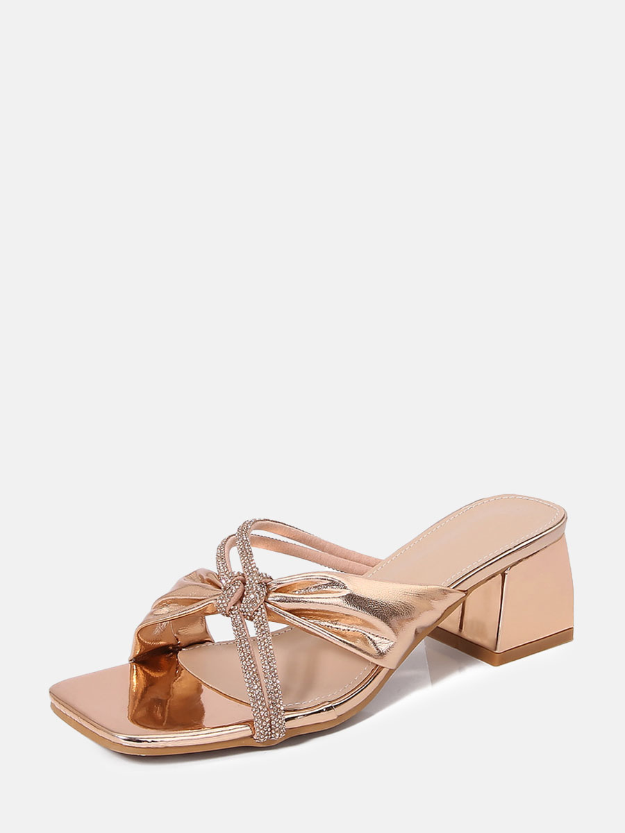 Women’s Rose Gold PU Rhinestone Block Heels Square Toe Mules (1)