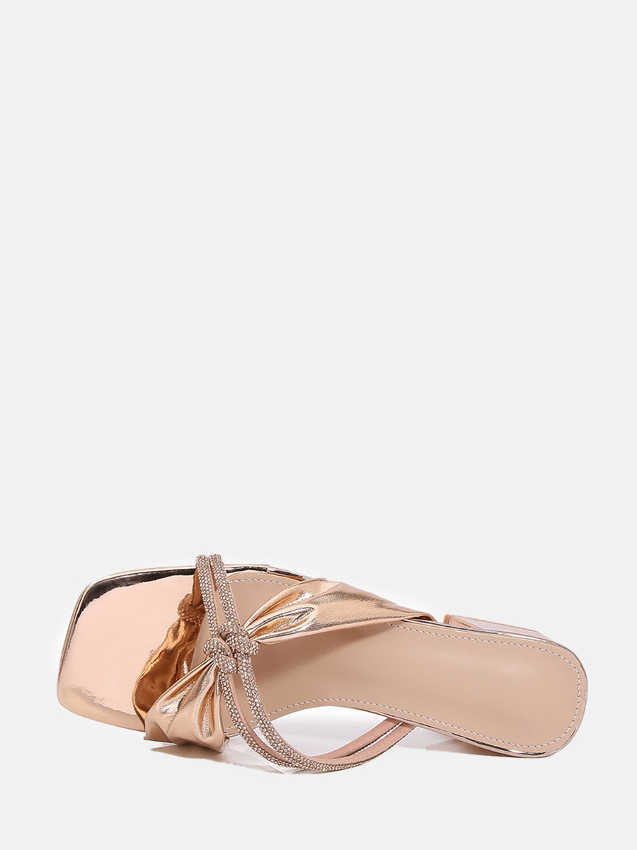 Women's Rose Gold PU Rhinestone Block Heels Square Toe Mules