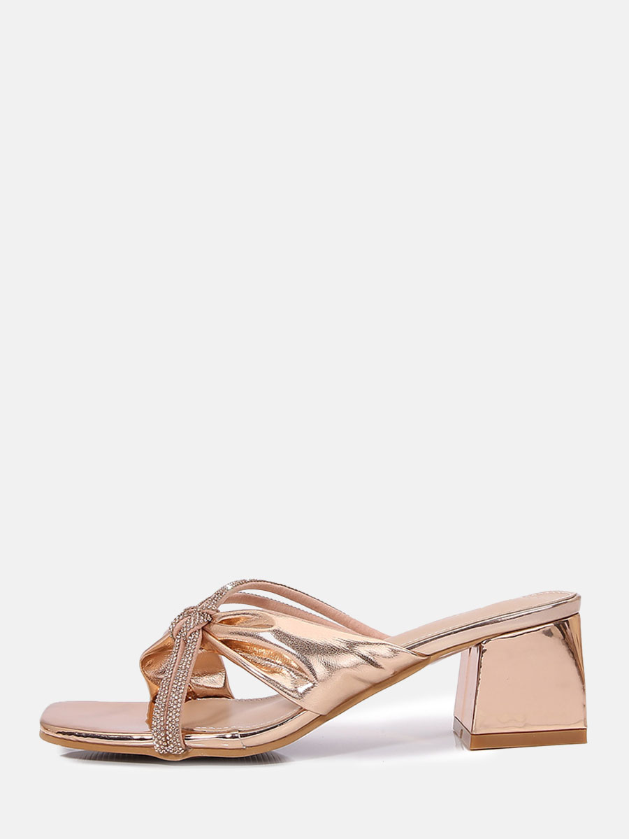 Women's Rose Gold PU Rhinestone Block Heels Square Toe Mules