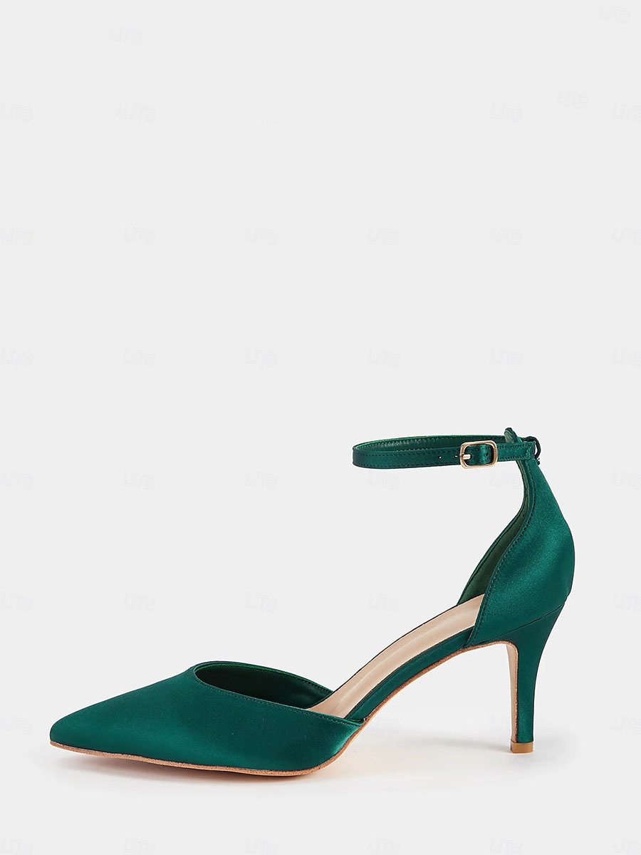 Women's Satin Ankle Strap Buckle Pointed Toe Stiletto Heels Pumps