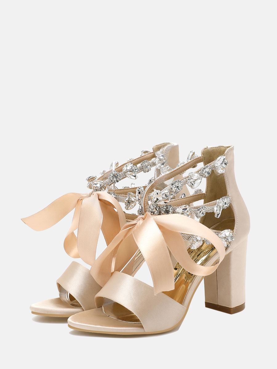 Women's Satin Bow Rhinestone Open Toe Block Heels Sandals