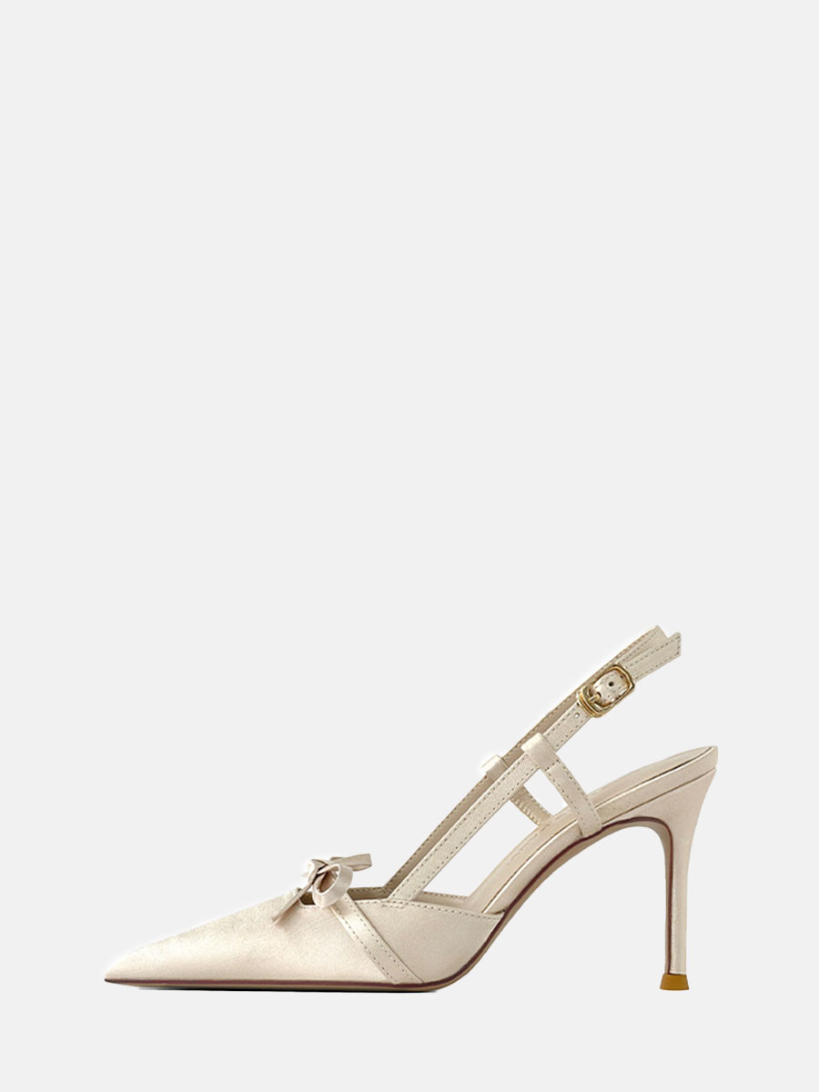 Women's Satin Bow Slingback Buckle Stiletto Heels Pointed Toe Pumps
