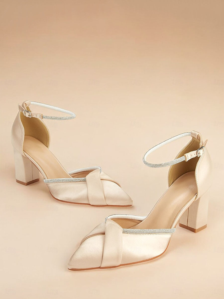 Women’s Satin Rhinestone Ankle Strap Pointed Toe Block Heels Wedding Pumps (6)