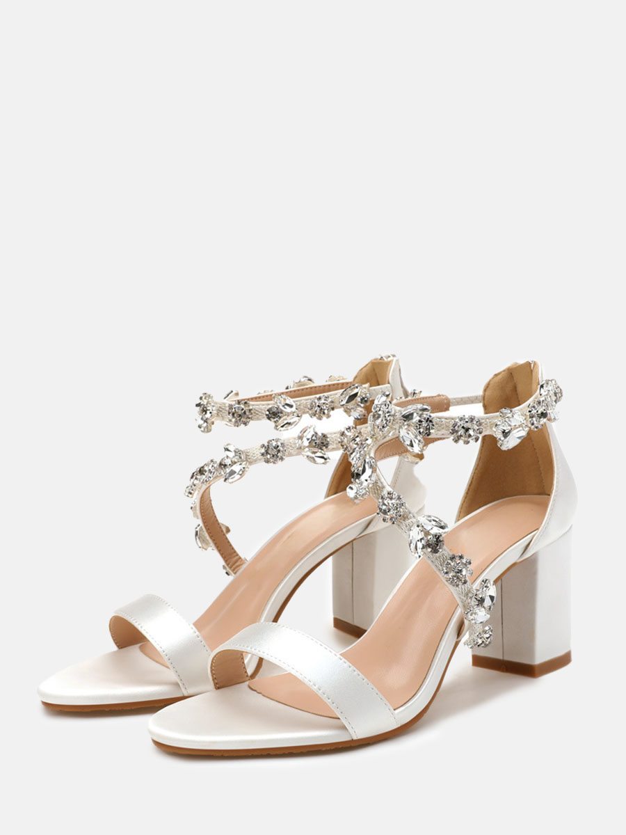 Women's Satin Rhinestone Embellished Strappy Open Toe Block Heels Sandals