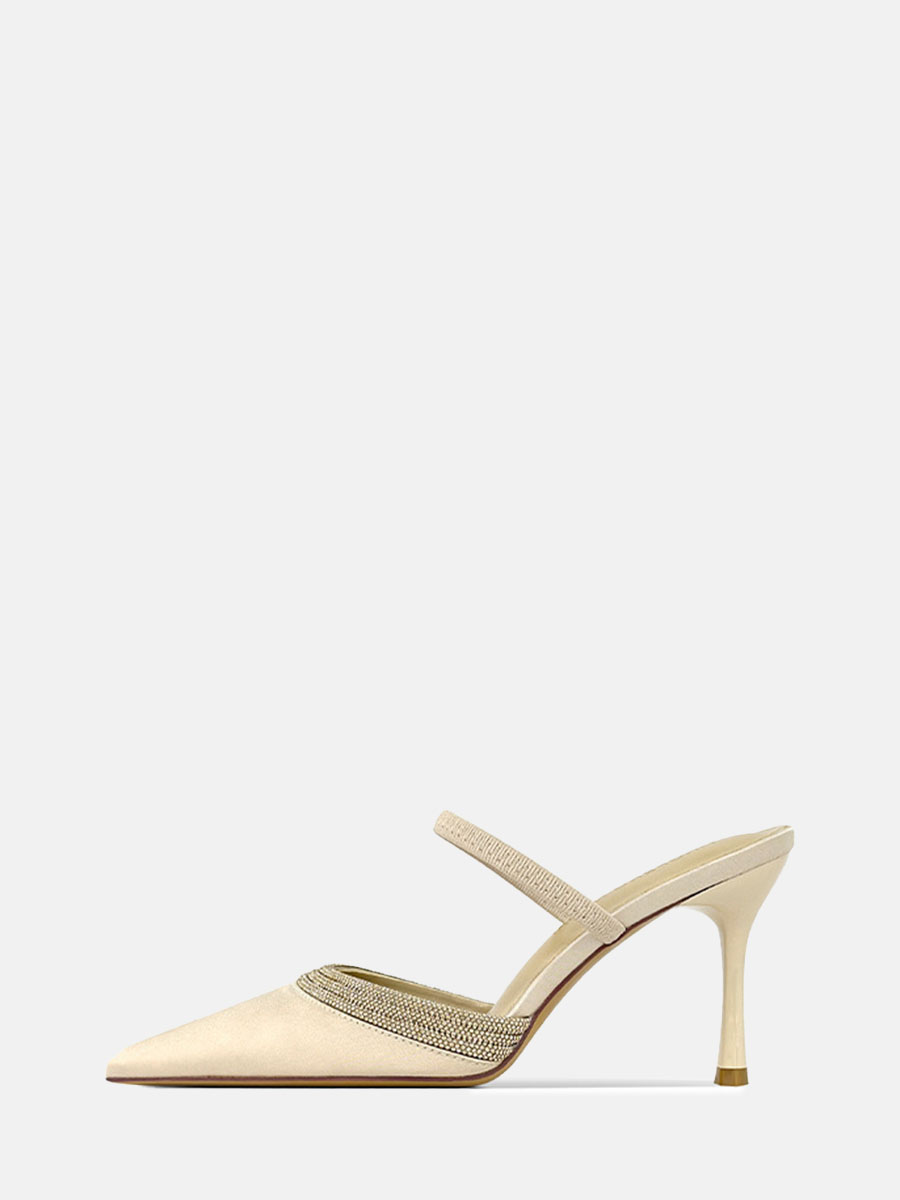 Women's Satin Rhinestone Stiletto Heels Pointed Toe Mules