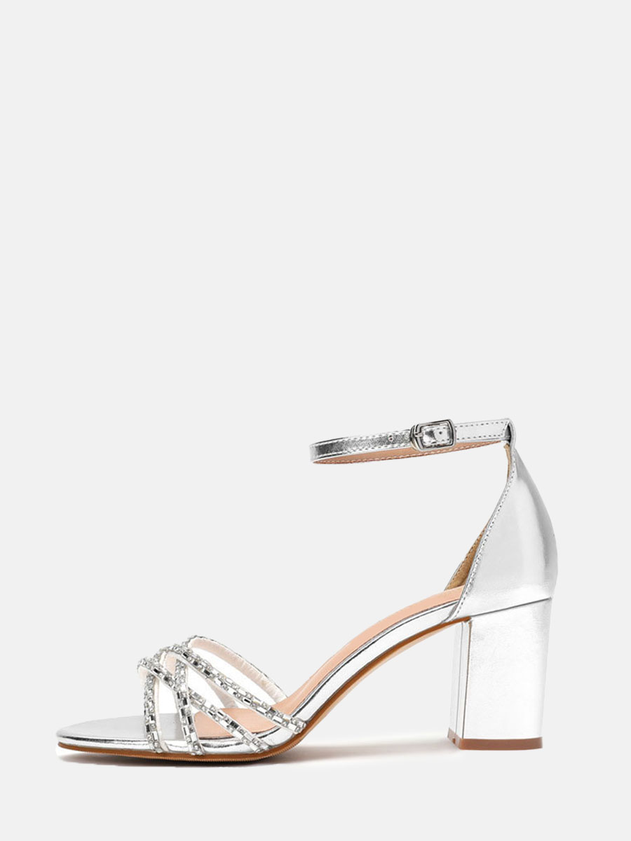 Women's Silver PU Rhinestone Cut-Out Ankle Strap Buckle Open Toe Block Heels Sandals
