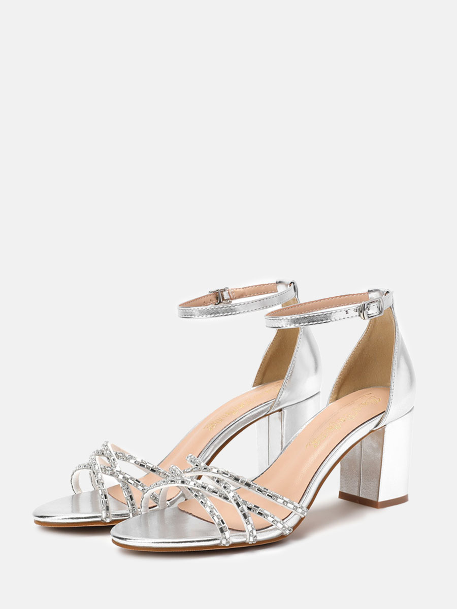 Women’s Silver PU Rhinestone Cut-Out Ankle Strap Buckle Open Toe Block Heels Sandals (2)