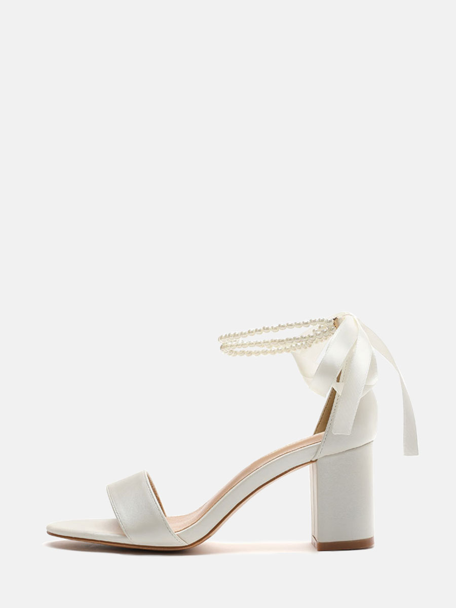 Women's White PU Bow Ribbon Pearl Ankle Tie Open Toe Block Heels Sandals