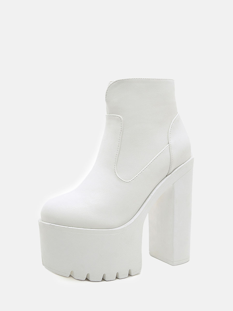 Women’s White PU Lug Sole Platform Block Heels Side Zipper Ankle Boots (1)