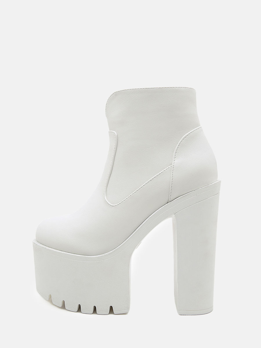 Women's White PU Lug Sole Platform Block Heels Side Zipper Ankle Boots