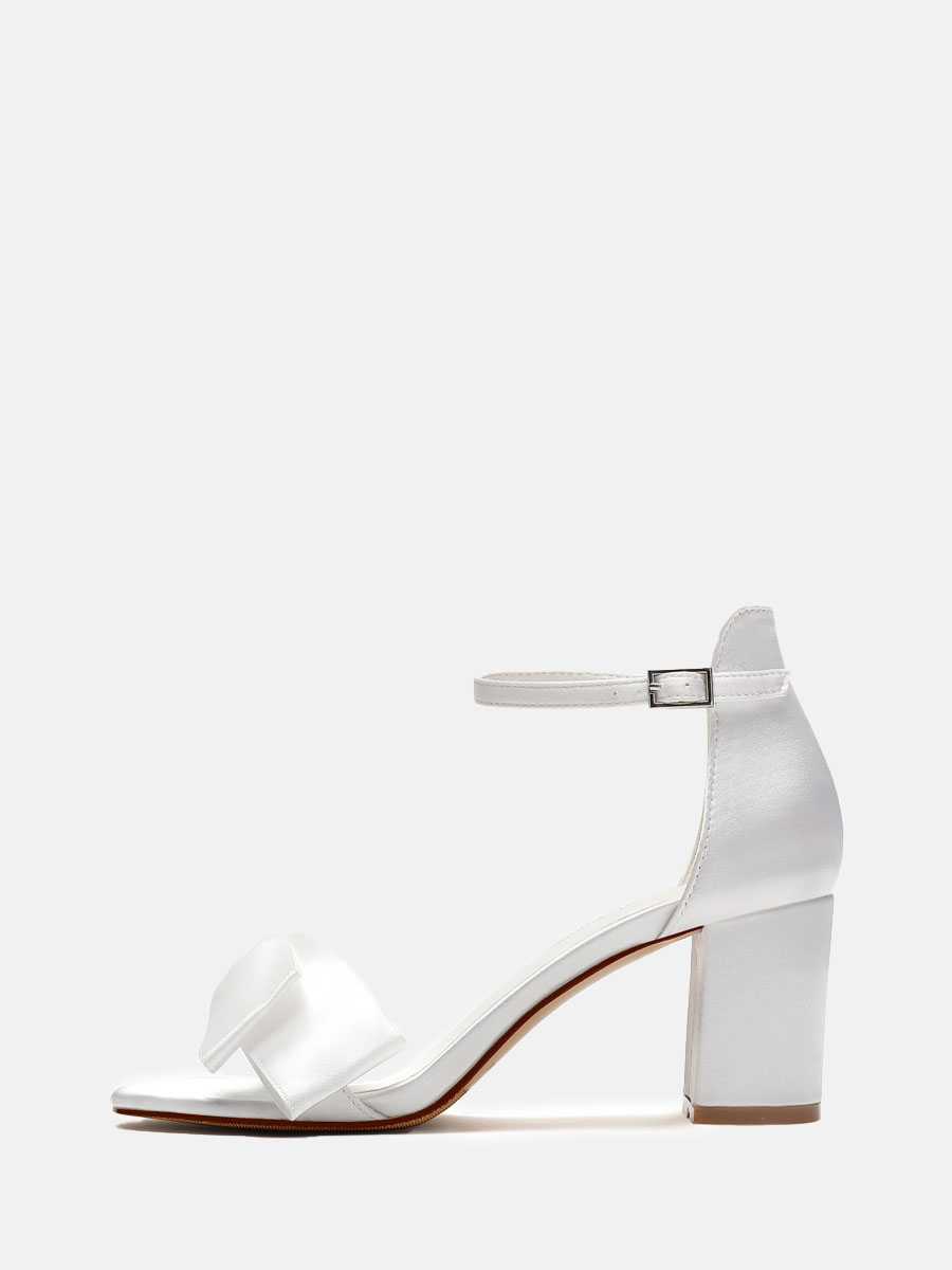 Women's White Satin Bow Ankle Strap Open Toe Block Heels Wedding Sandals