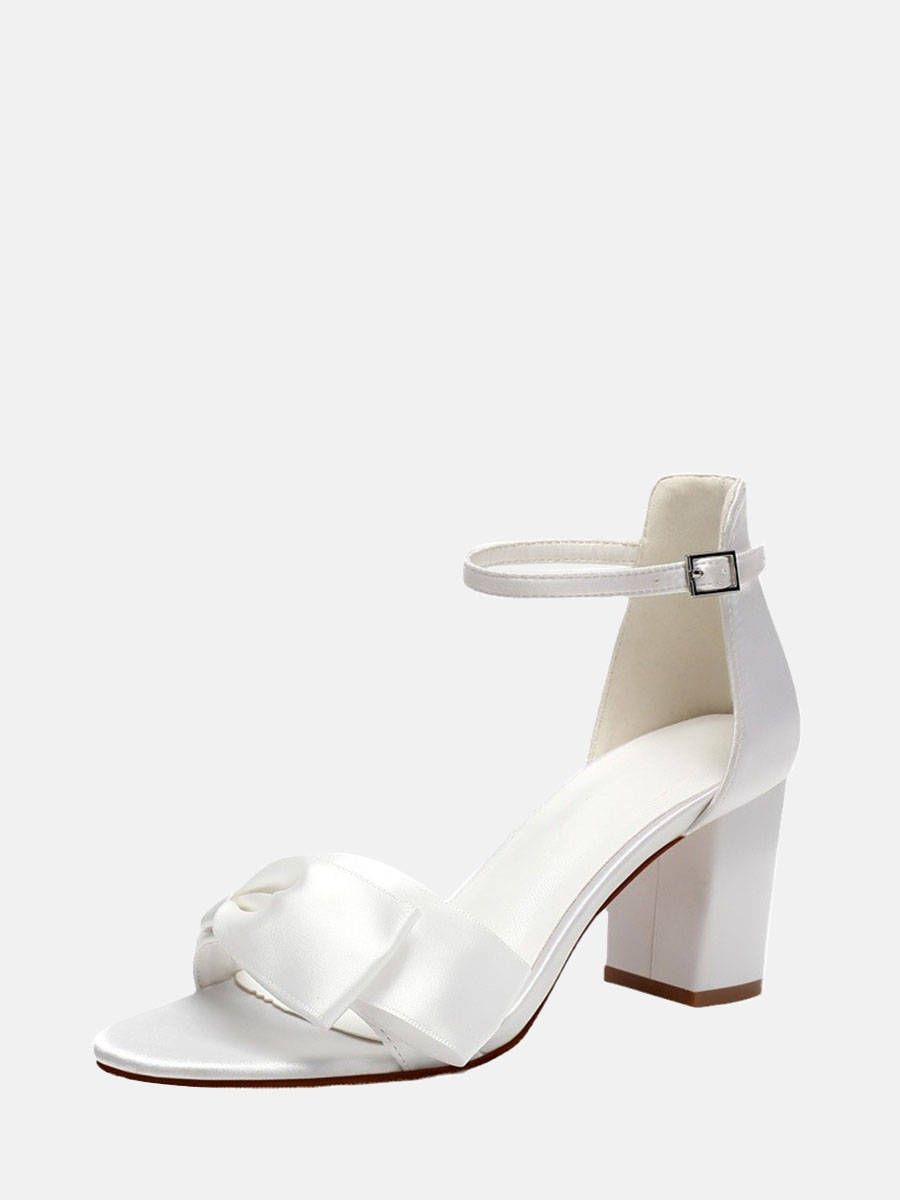 Women’s White Satin Bow Ankle Strap Open Toe Block Heels Wedding Sandals (2)