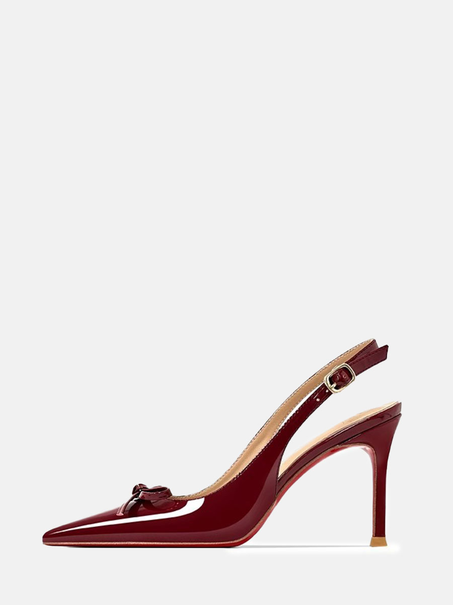 Women’s Wine Red Patent Leather Bow Slingback Buckle Stiletto Heels Pumps (2)