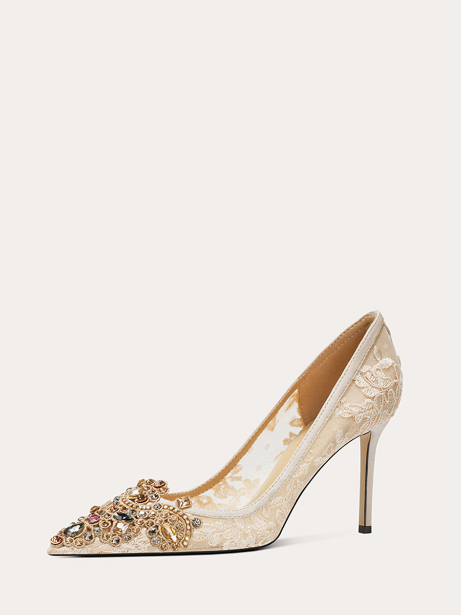 Women’s Apricot Mesh Lace Rhinestone Stiletto Heels Pointed Toe Pumps