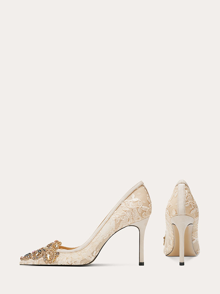 Women’s Apricot Mesh Lace Rhinestone Stiletto Heels Pointed Toe Pumps (2)