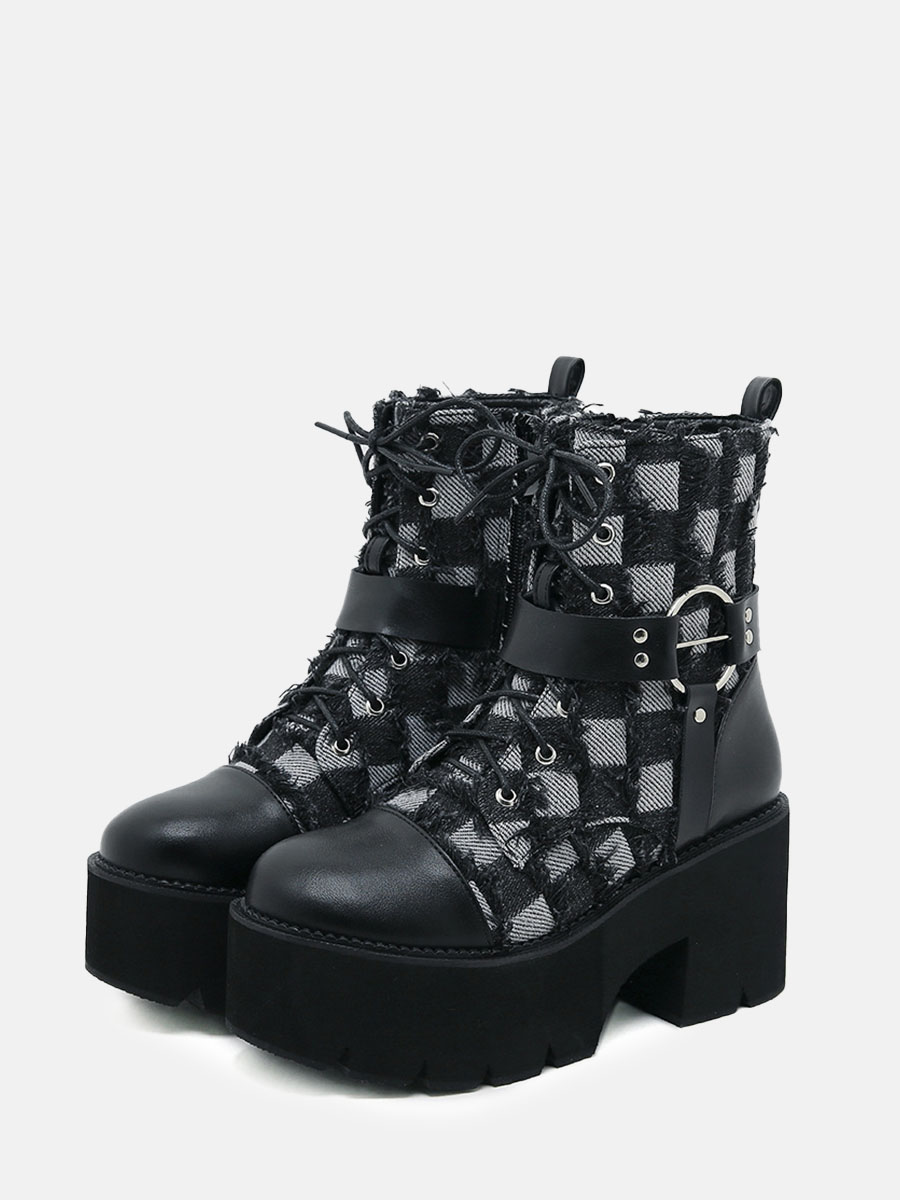 Women's Black Checkered PU Side Zipper Platform Heels Buckle Combat Boots