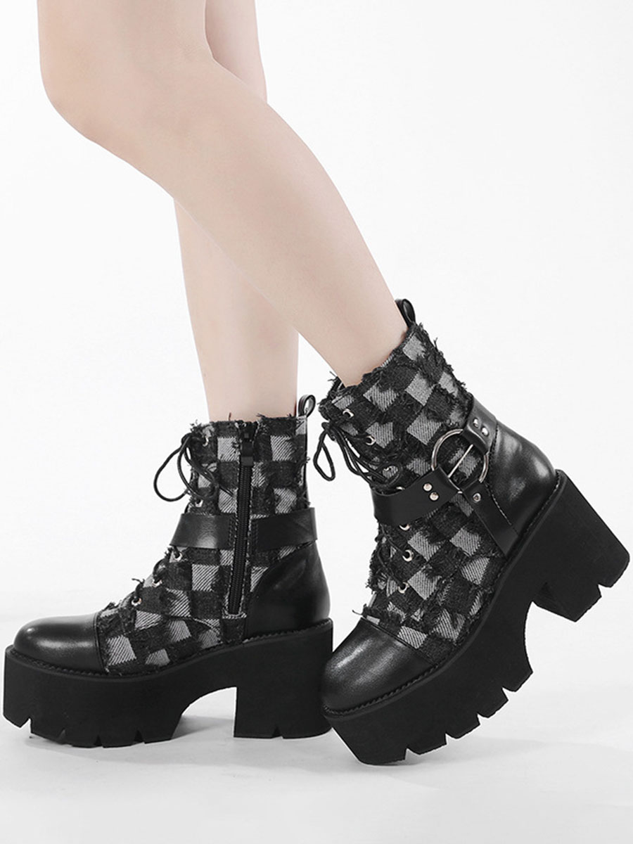Women’s Black Checkered PU Side Zipper Platform Heels Buckle Combat Boots (4)