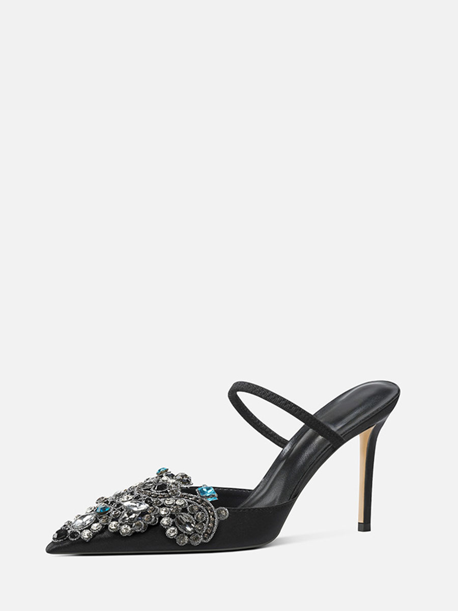 Women’s Black Glitter Rhinestone Strap Stiletto Heels Pointed Toe Mules