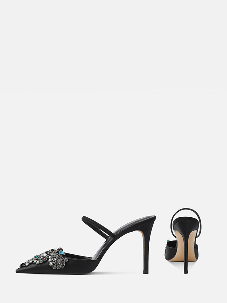 Women’s Black Glitter Rhinestone Strap Stiletto Heels Pointed Toe Mules (2)