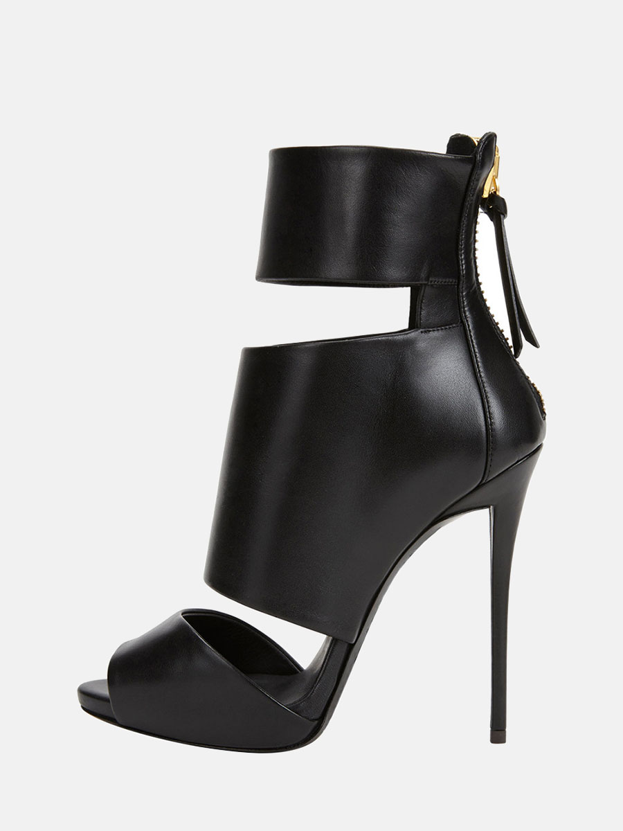 Women’s Black Matte PU Side Zipper Peep Toe Stiletto Heels Ankle Boots