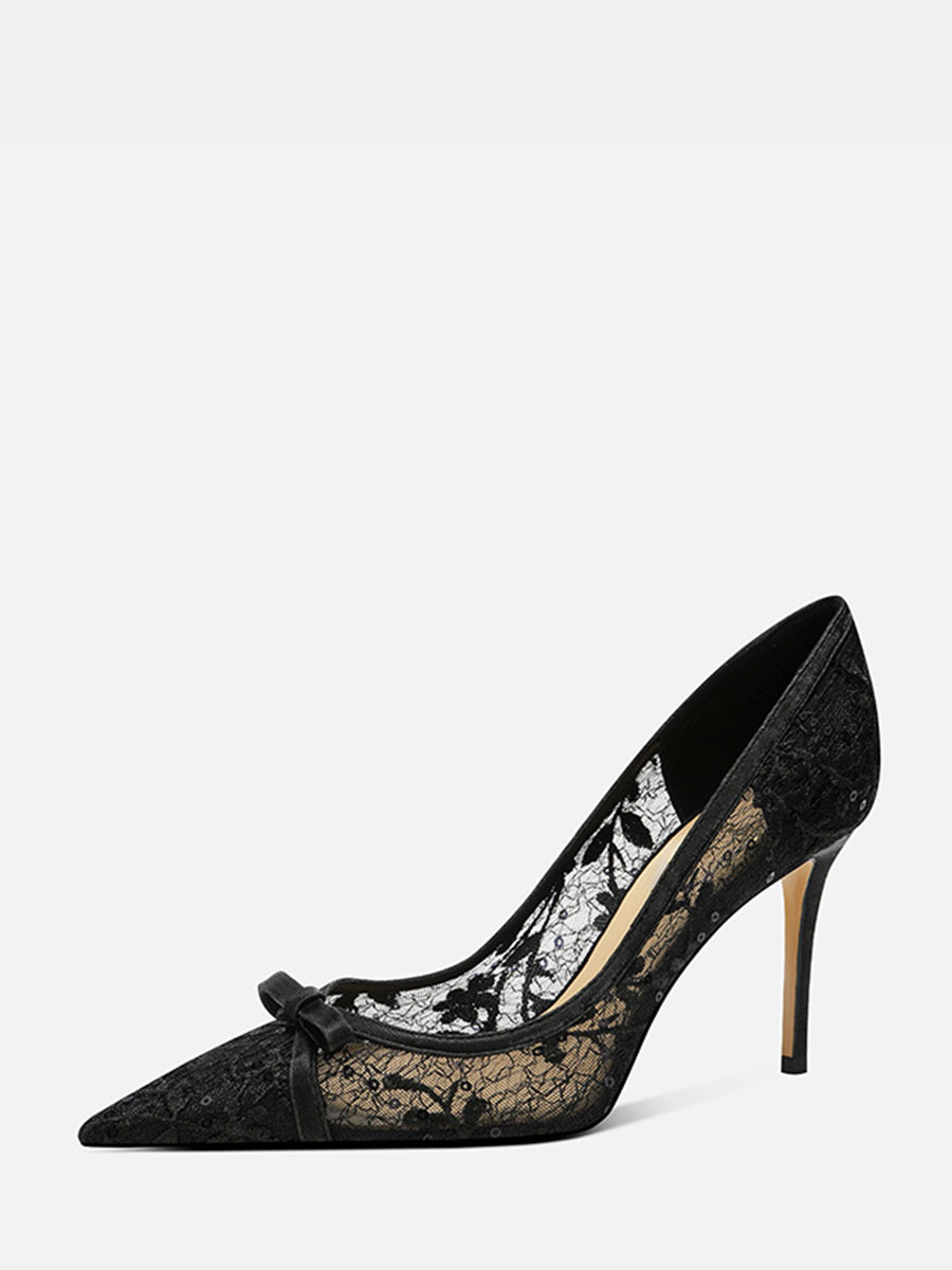 Women’s Black Mesh Bows Rhinestone Stiletto Heels Pointed Toe Pumps