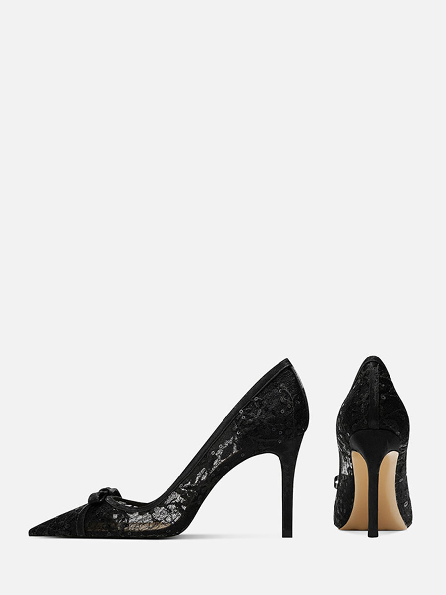 Women’s Black Mesh Bows Rhinestone Stiletto Heels Pointed Toe Pumps (2)