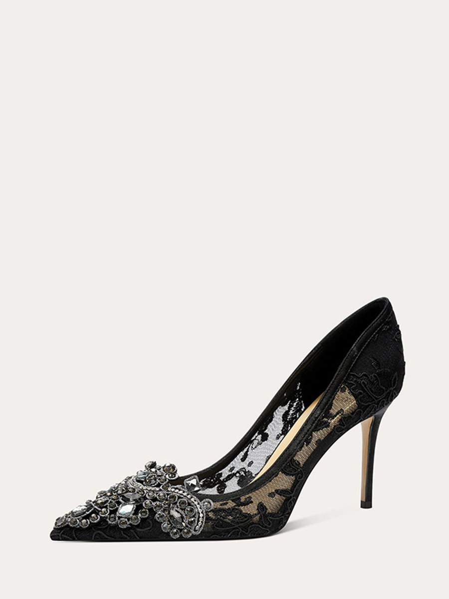 Women’s Black Mesh Lace Rhinestone Stiletto Heels Pointed Toe Pumps