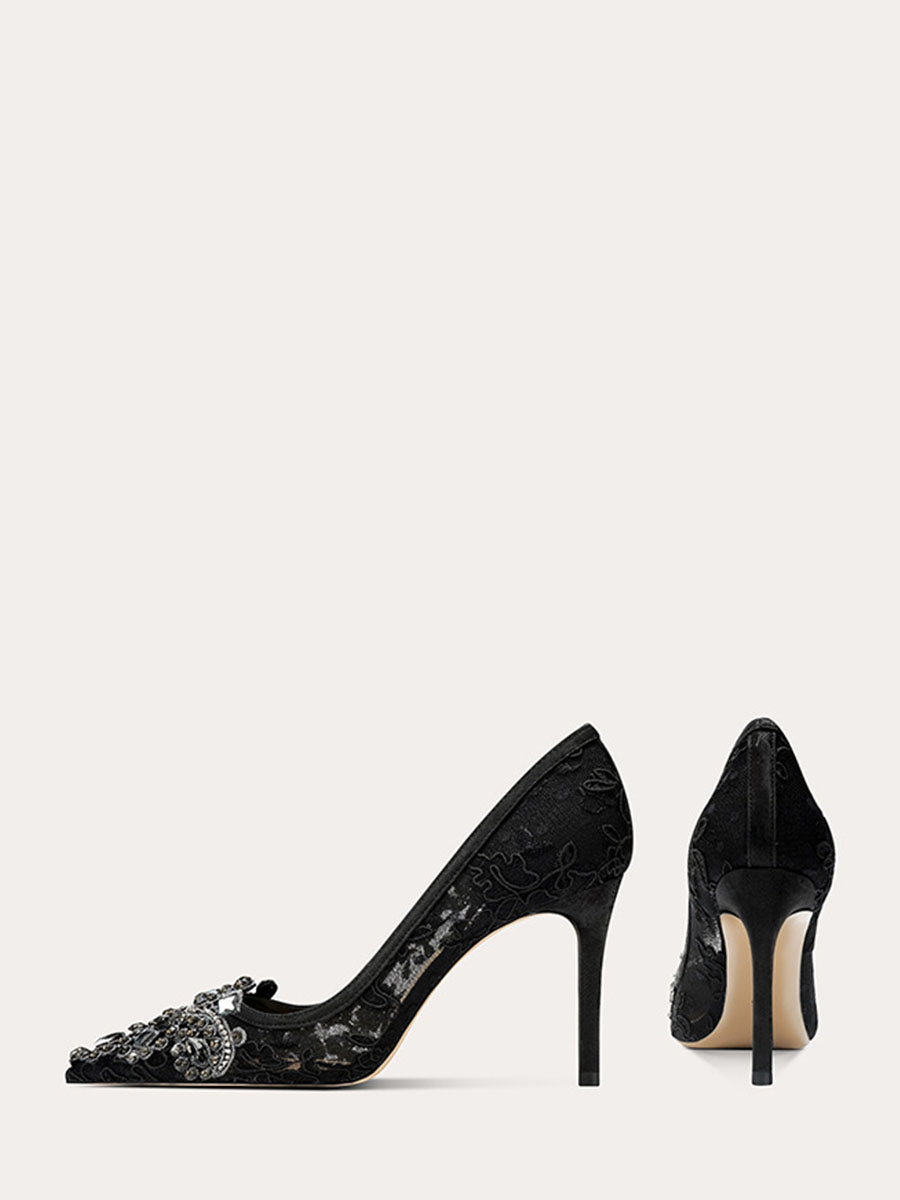 Women’s Black Mesh Lace Rhinestone Stiletto Heels Pointed Toe Pumps (2)
