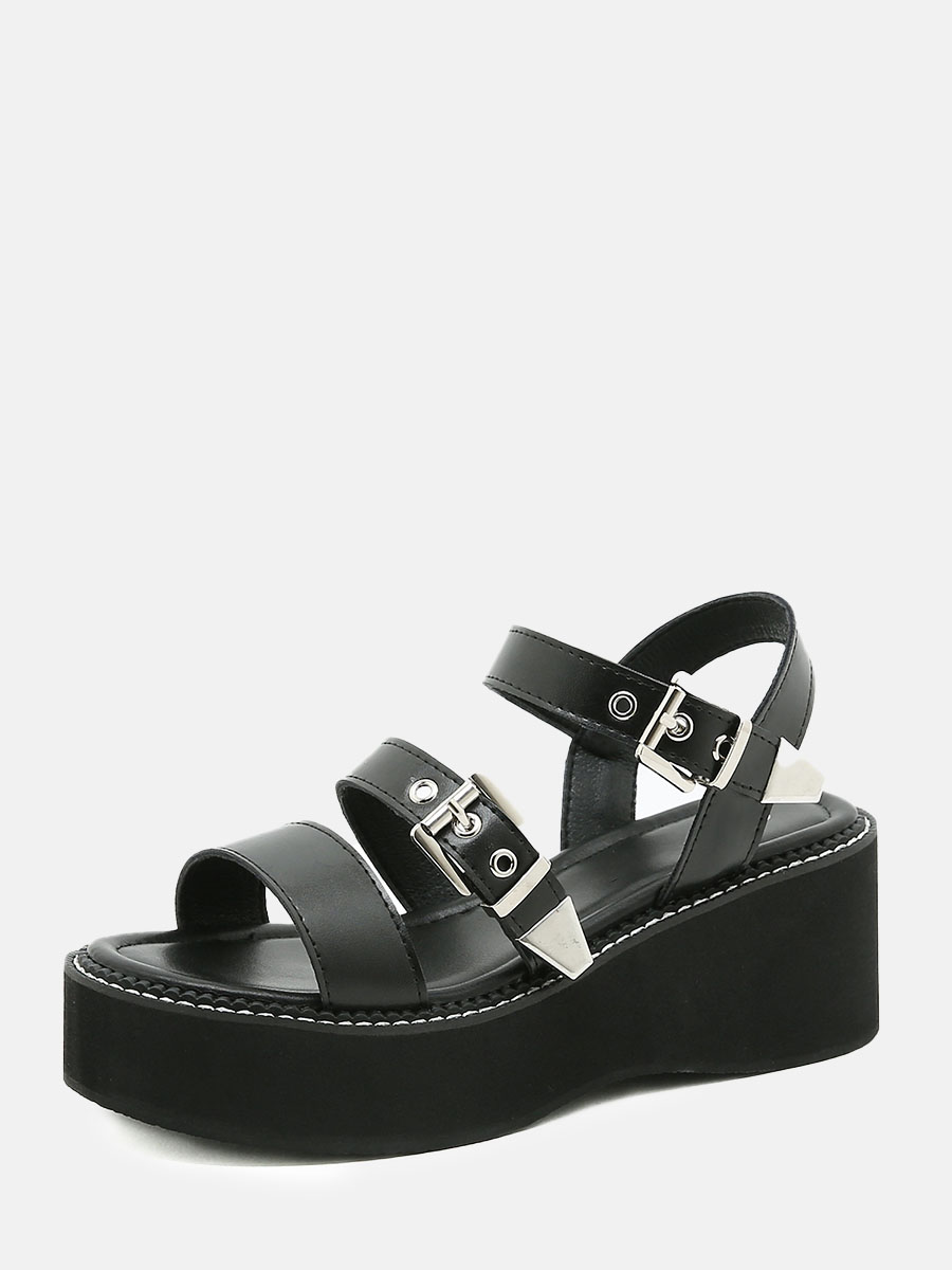 Women’s Black Microfiber Buckle Platform Sandals (2)