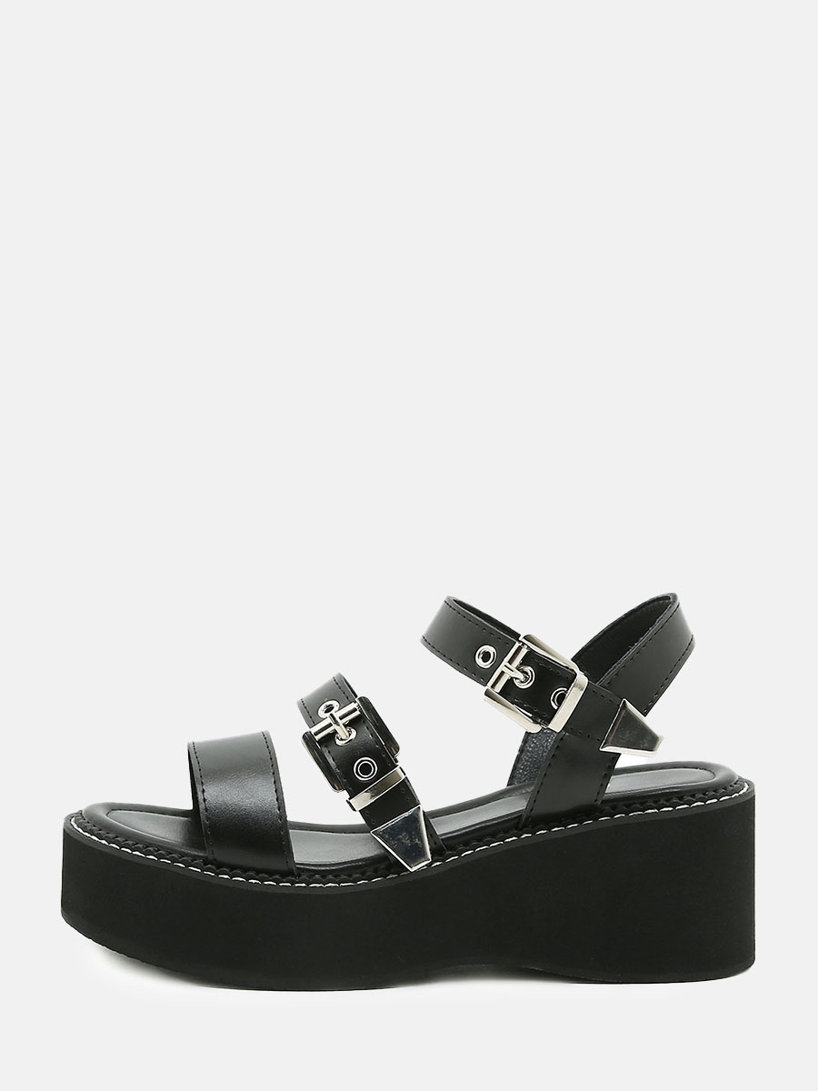 Women's Black Microfiber Buckle Platform Sandals