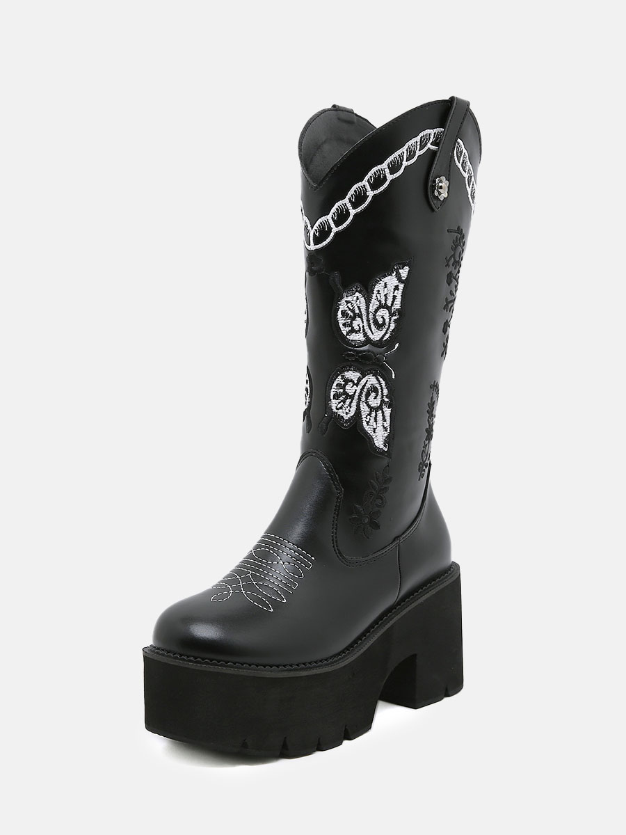 Women’s Black Microfiber Embroidered Platform Block Heels Mid Calf Boots (2)